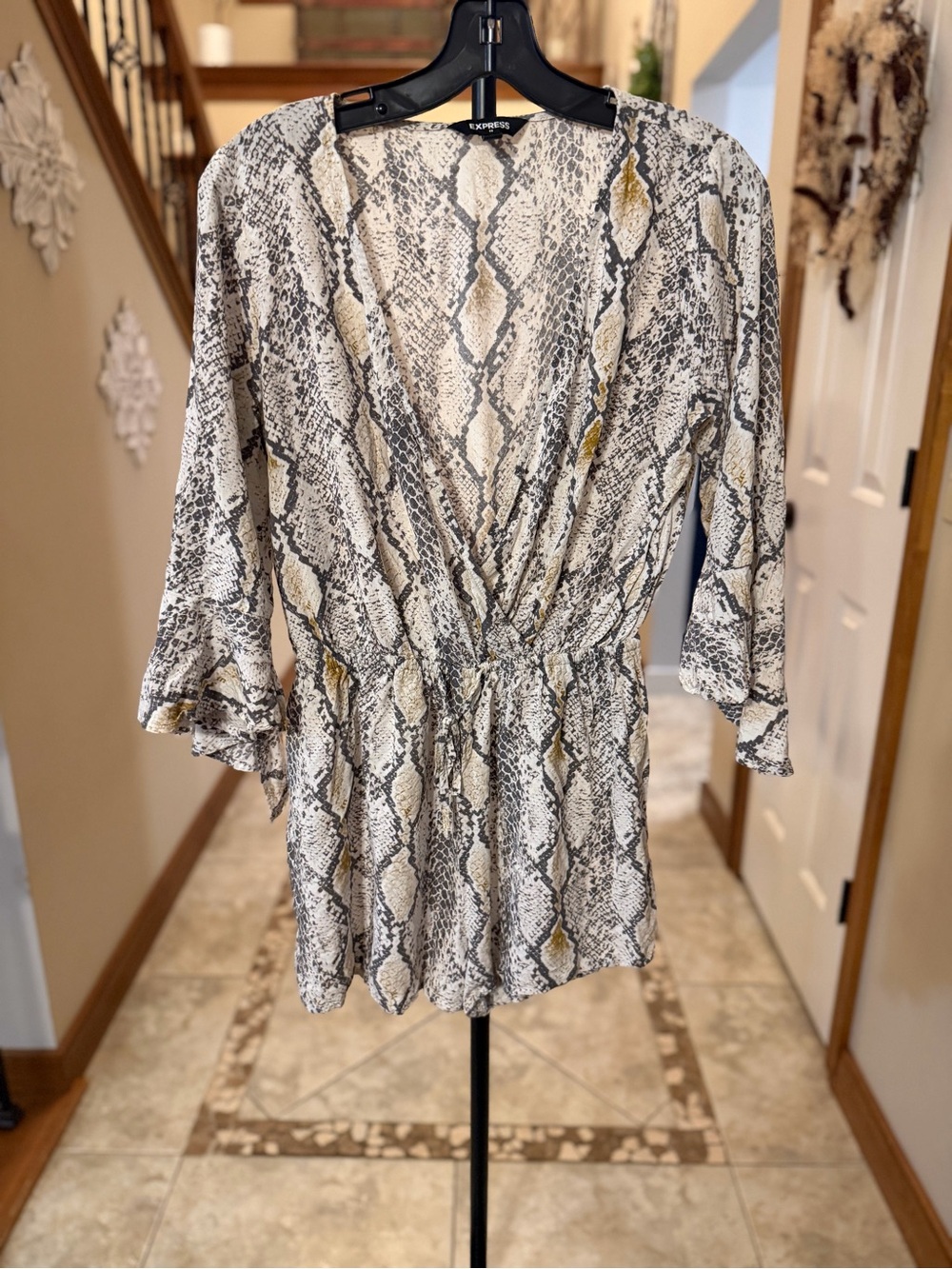 Express Snakeskin Print Surplice Romper Size Small Bell Sleeve